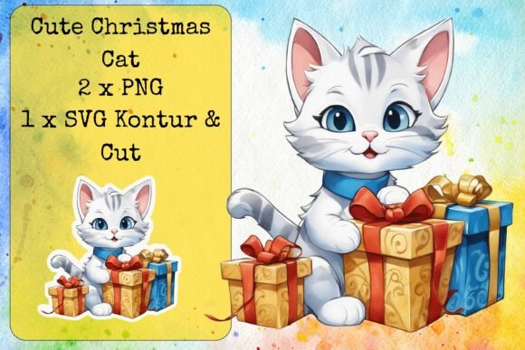 Cute Giftbox Christmas Cat 7 Graphics & Crafts