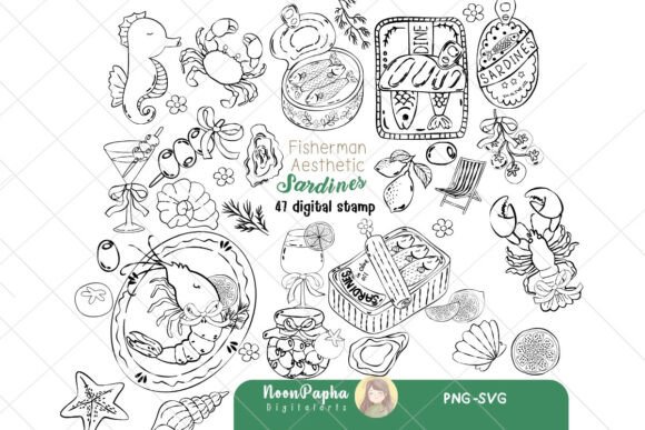 Fisherman Aesthetic Sardines Outline: Graphics for Crafts