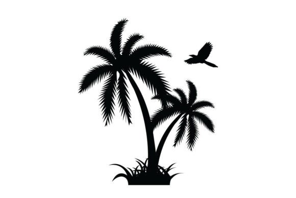 Palm Tree with Bird Silhouette Vector: Graphics and Crafts